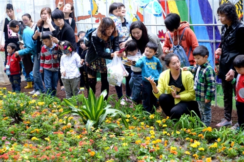 4月27日，游客在“蝴蝶谷”觀賞花叢中的蝴蝶。