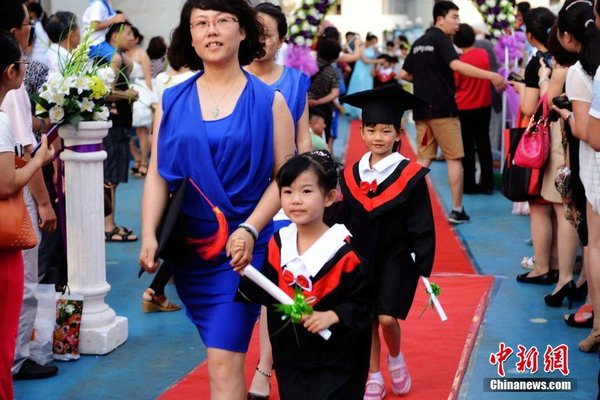 6月28日，山東青島開發區第一幼兒園怡和嘉園分園2014級大班舉行畢業典禮，全體畢業生身著學士服在盛裝父母的陪同下，依次走過紅毯，在畢業榜上鄭重簽下自己的名字，其氣勢不輸當紅影星紅毯秀。中新社發 俞方平 攝 圖片來源：CNSPHOTO