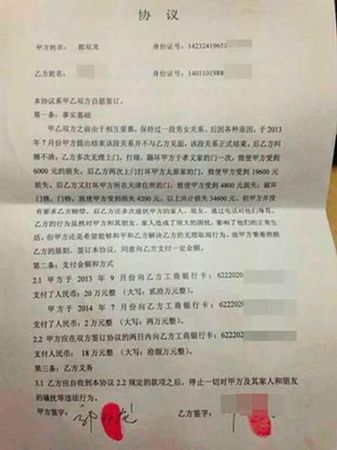 男女雙方簽署的協(xié)議書。