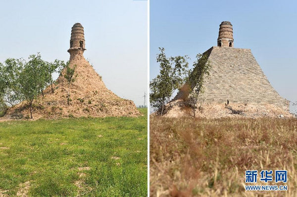 左圖：修繕前的山西祁縣文峰塔（7月28日攝）；右圖：修繕后的文峰塔（10月15日攝）（拼版照片）。