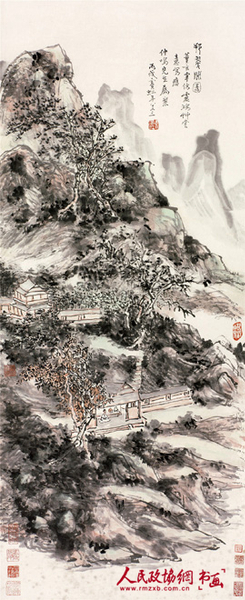 黃賓虹 挹翠閣圖 設色紙本 立軸105×46cm_副本