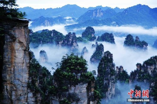 2016年5月29日，連續強降雨過后的世界自然遺產地湖南張家界核心景區武陵源天子山，飄渺無形的云海穿梭在連綿峰林間，奇美無比。