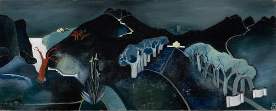 　　Tove Jansson， Mysterious Landscape， c。 1930， Oil on plywood， 61 x 152.5 cm， Ateneum Art Museum。 Photo： Finnish National Gallery / Hannu Aaltonen