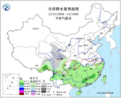 圖1 全國(guó)降水量預(yù)報(bào)圖(23日08時(shí)-24日08時(shí))