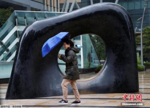 資料圖：當地時間2017年10月22日，臺風中的日本東京，行人頂風冒雨前行。