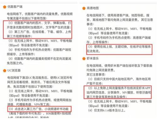 某定向流量卡說是不限流量，但設定了種種要求，用戶難以做到不使用套餐外流量。APP截圖