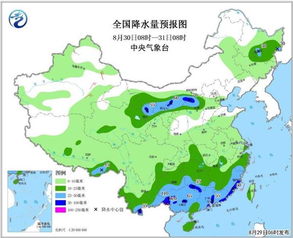 圖3 全國降水量預報圖(8月30日08時-31日08時)