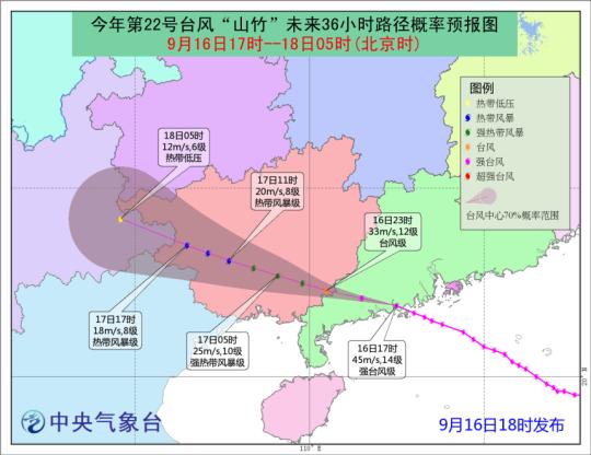 圖為“山竹”未來36小時(shí)路徑概率預(yù)報(bào)圖。中央氣象臺(tái) 供圖