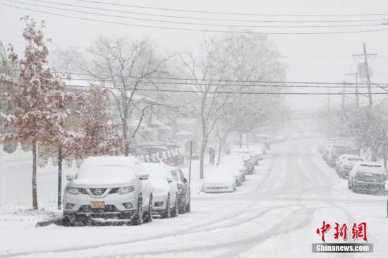 資料圖：當地時間11月15日，美國紐約迎來今年冬天首場降雪。圖為紐約市皇后區一處街道白雪皚皚。<a target='_blank' href='http://www.chinanews.com/'>中新社</a>記者 廖攀 攝