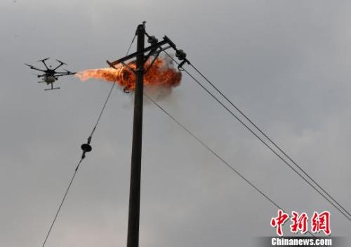 國(guó)網(wǎng)重慶永川供電公司工人自制無(wú)人機(jī)噴火清障裝置消滅高空電線上的馬蜂窩。　周毅 攝