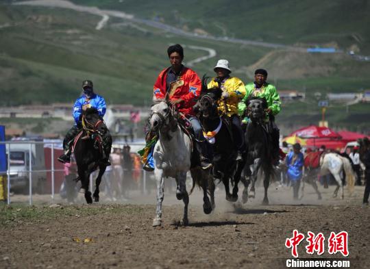 圖為來自甘、青、寧等地的選手參加抓喜秀龍鎮(zhèn)賽馬節(jié)。　崔琳 攝