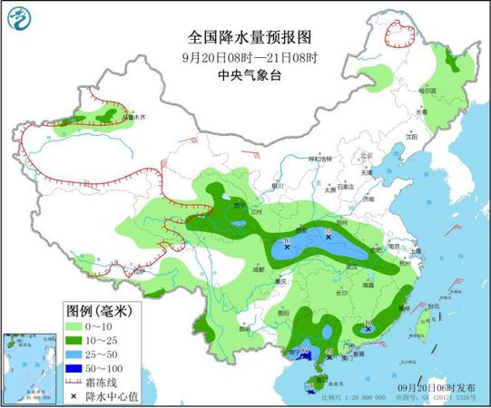 圖1 全國降水量預報圖(9月20日08時-21日08時)