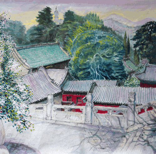 春至古剎-68x68cm-2021年-鄭燁